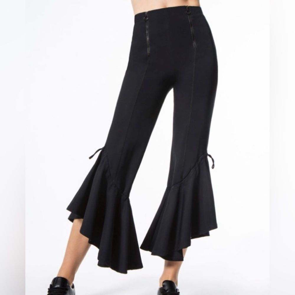 Black Cropped Flare Ruffle Pants - Women